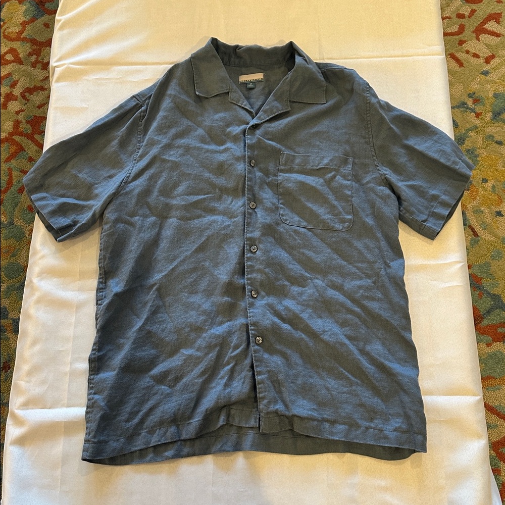 Breakwater‎ men’s 100% Linen Blue Button Up Short Sleeve Shirt top medium EUC